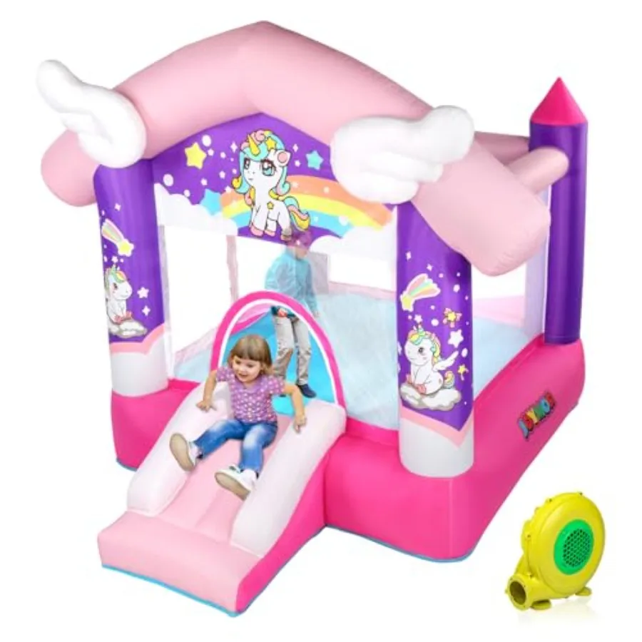 

Pink Inflatable Bounce House with Slide, Unicorn Theme Princess, for Girls Outdoor and Indoor Use, Pink Bounce House for 3-6 Bl