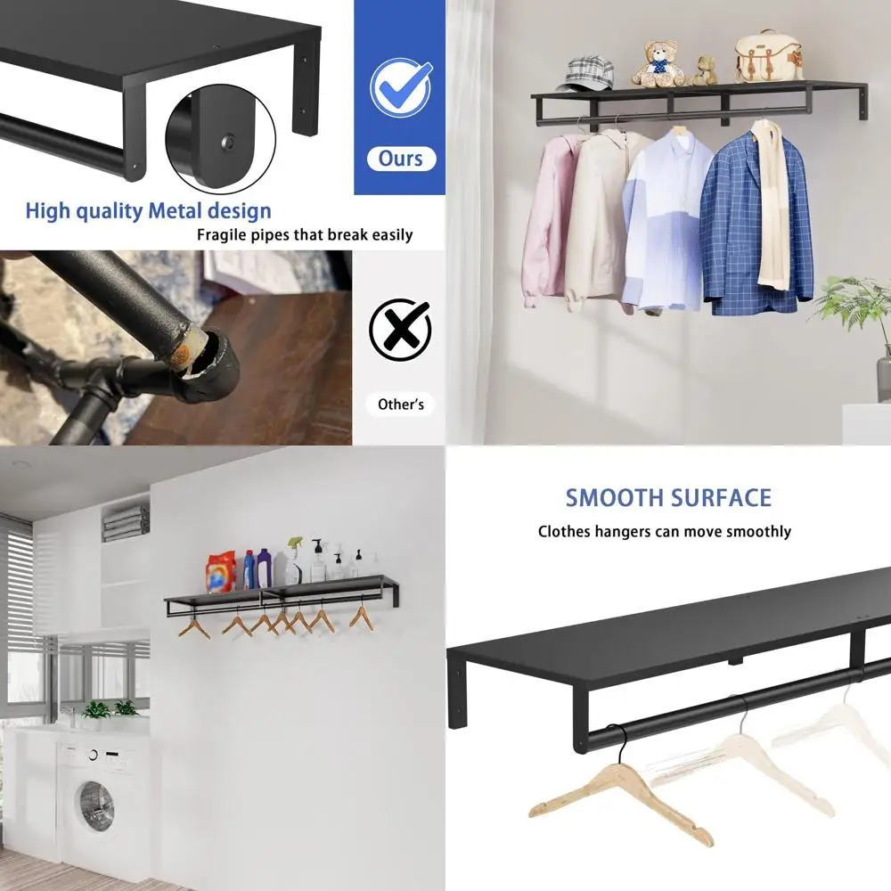 

Industrial Style 46.5 Metal Clothing Rack with Shelf and Hanging Bar for Laundry Room, Space-Saving Design