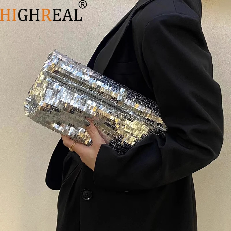 

HIGHREAL Women Silver Eevening Clutch Bag Shining Party Wedding Purse Bag Silver Black Wholsale