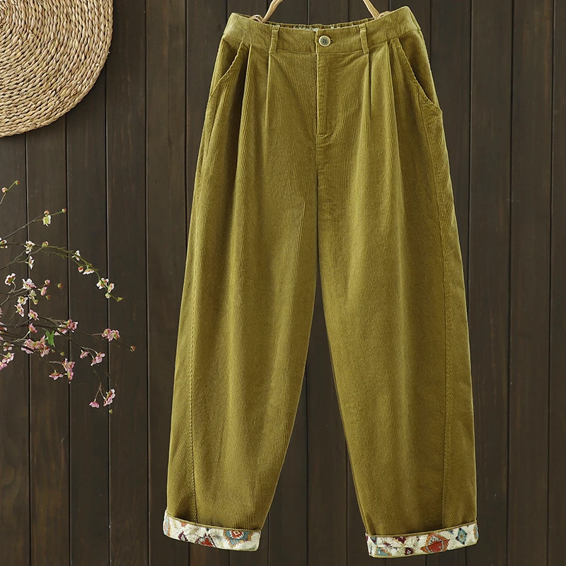 Casual Style Corduroy Wide Leg Pants Women's Lazy Match All Colors Nine Points High Waist Straight Cut Pants Comfortable Brea...