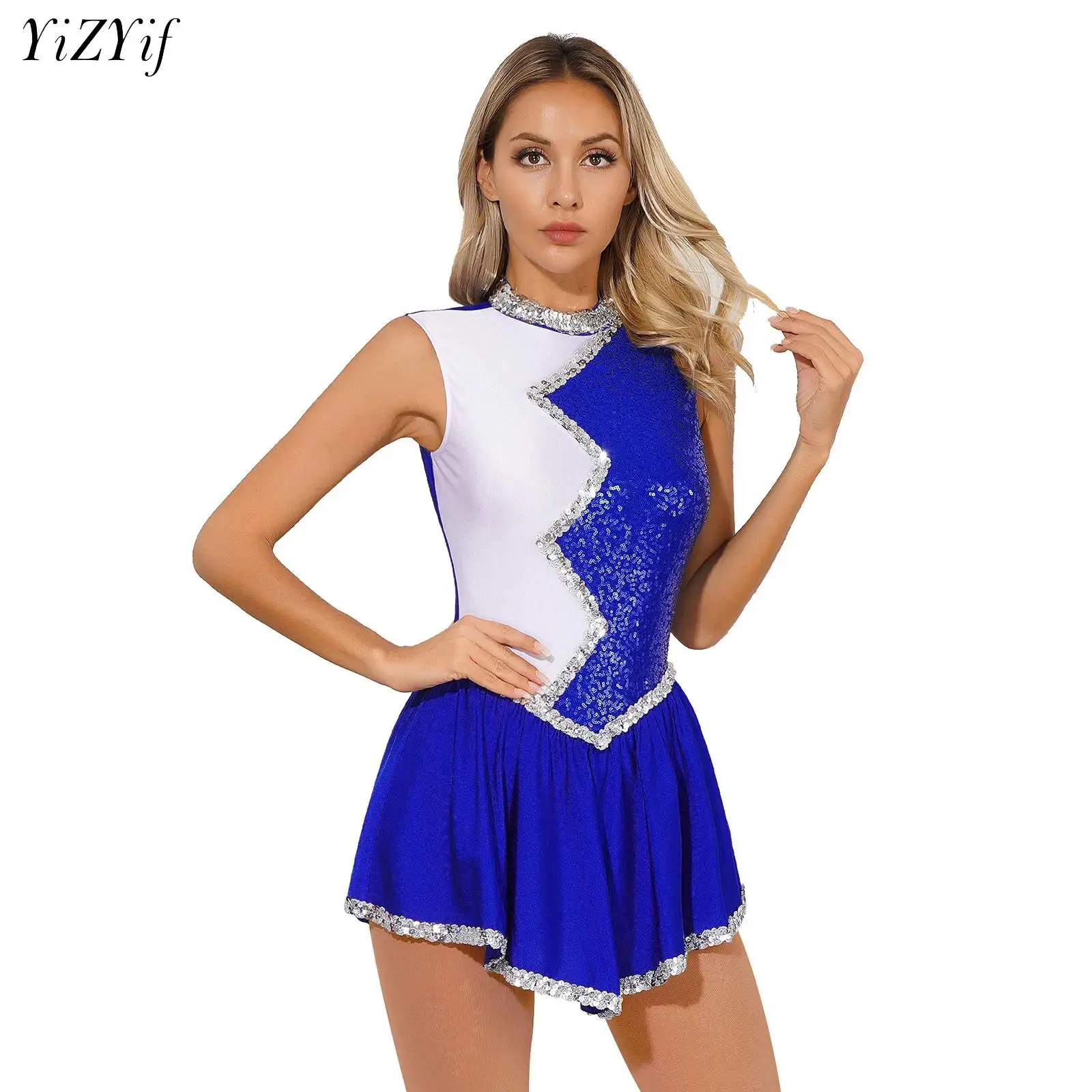 

Womens Ballet Dance Leotard Dress Shiny Sequin Color Block Dancewear Sleeveless Gymnastics Jumpsuit Ice Figure Skating Costume