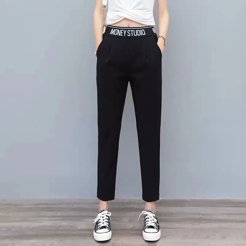 Fashion All-match Elastic High Waist Harem Trousers for Women Casual Spring Summer Letter Printing Solid Color Cropped Pants