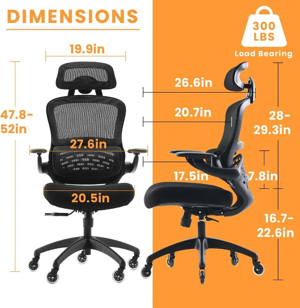 Office Chair Ergonomic Mesh Home Desk Black High Back Swivel Computer Task Chair with Flip-Up Arms,Adjustable Headrest