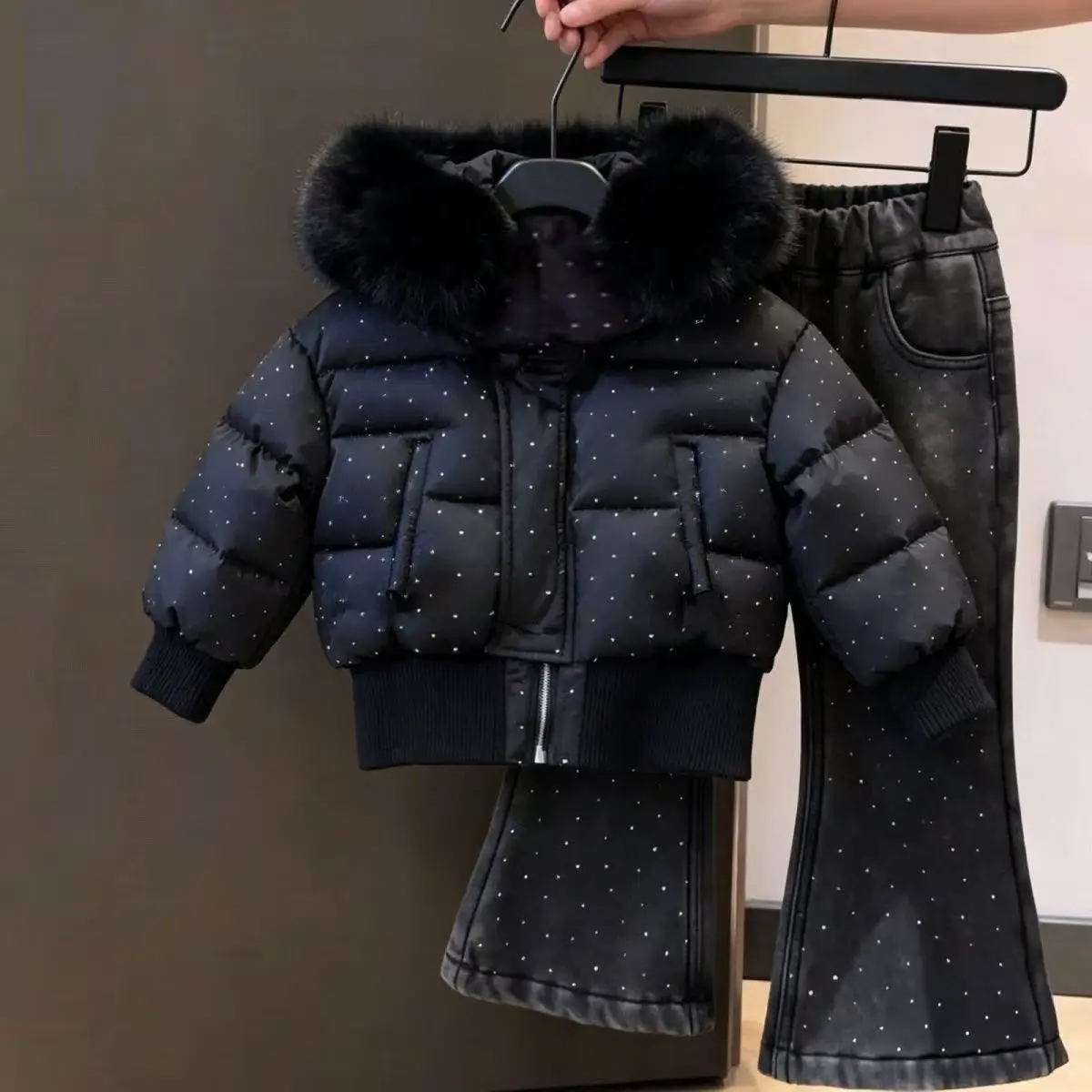 Girls Winter Outfit Set New Kids Hooded Puffer Coat with Rhinestone Decor & Fleece Lined Jeans Fashion Warm Clothes 2‑Piece Set