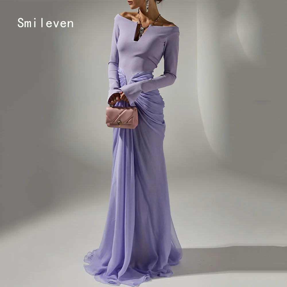

Smileven Luxury Purple Mermaid Prom Dress Illusion V Neck Evening Gowns Full Sleeve Temperament Occasion Dress Customized 2026