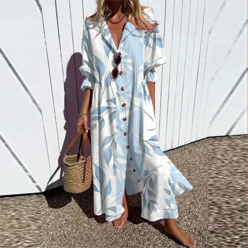 2025 Women's New Pleated Printed Commuter Dress Office Lady Geometric Printed Single Breasted Split Shirt Dress Vestidos Mujer
