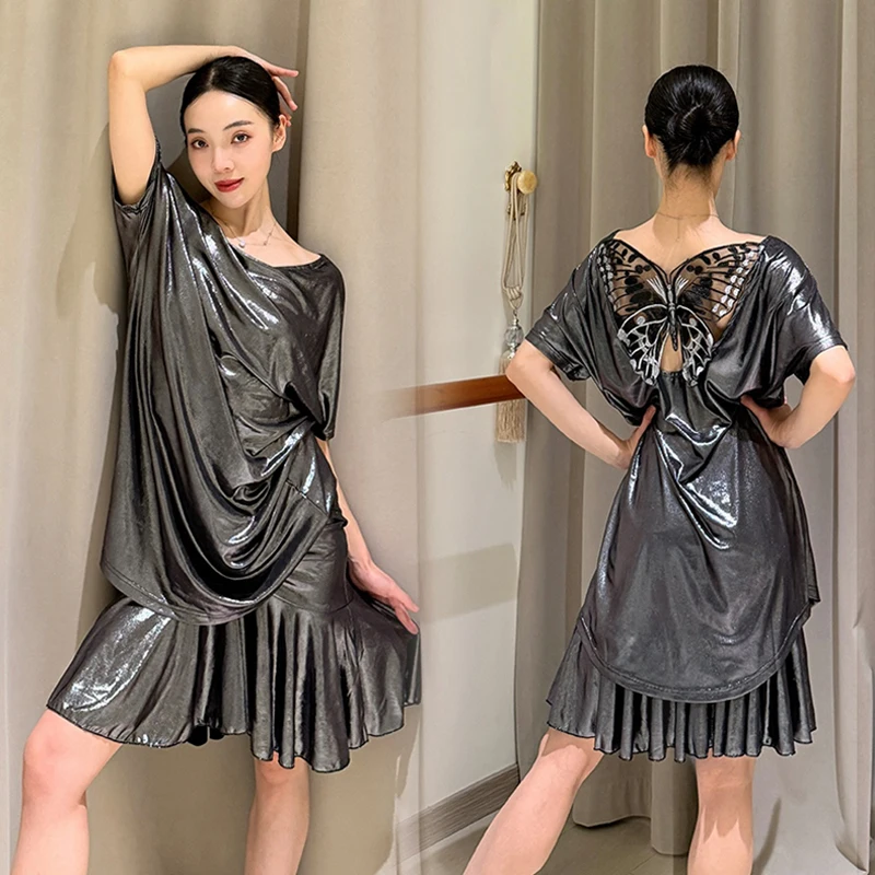 Schwarzes Latin Dance Top für Frauen, Leopardenmuster, Body, Retro-Performance-Outfit, Erwachsene, Tango, Cha, Cha-Tänzerin, Übungskleidung 2038