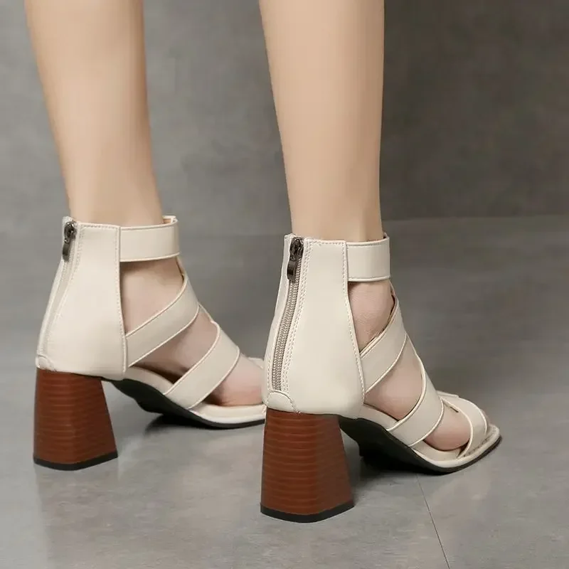Thick Heel Leather Sandals for Woman Sexy Women\'s Shoes Outdoor Zip Office Work Footwear High Heels Summer 2025 Open Toe Black F