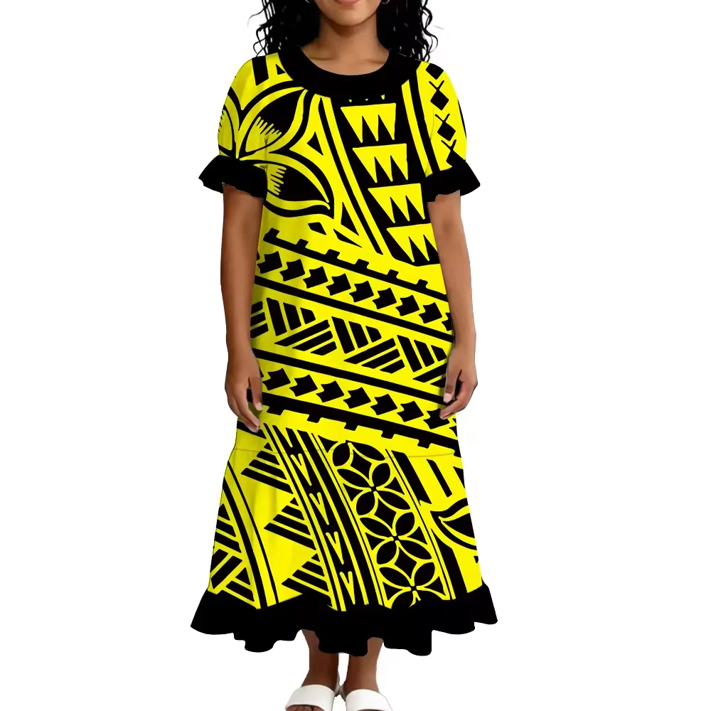 Vestido Maxi Feminino de Manga Curta com Babado, Estampa Tribal de Tatuagem e Flor Plumeria Tropical, Vestido Mumu Havaiano Personalizado, Grande Prom