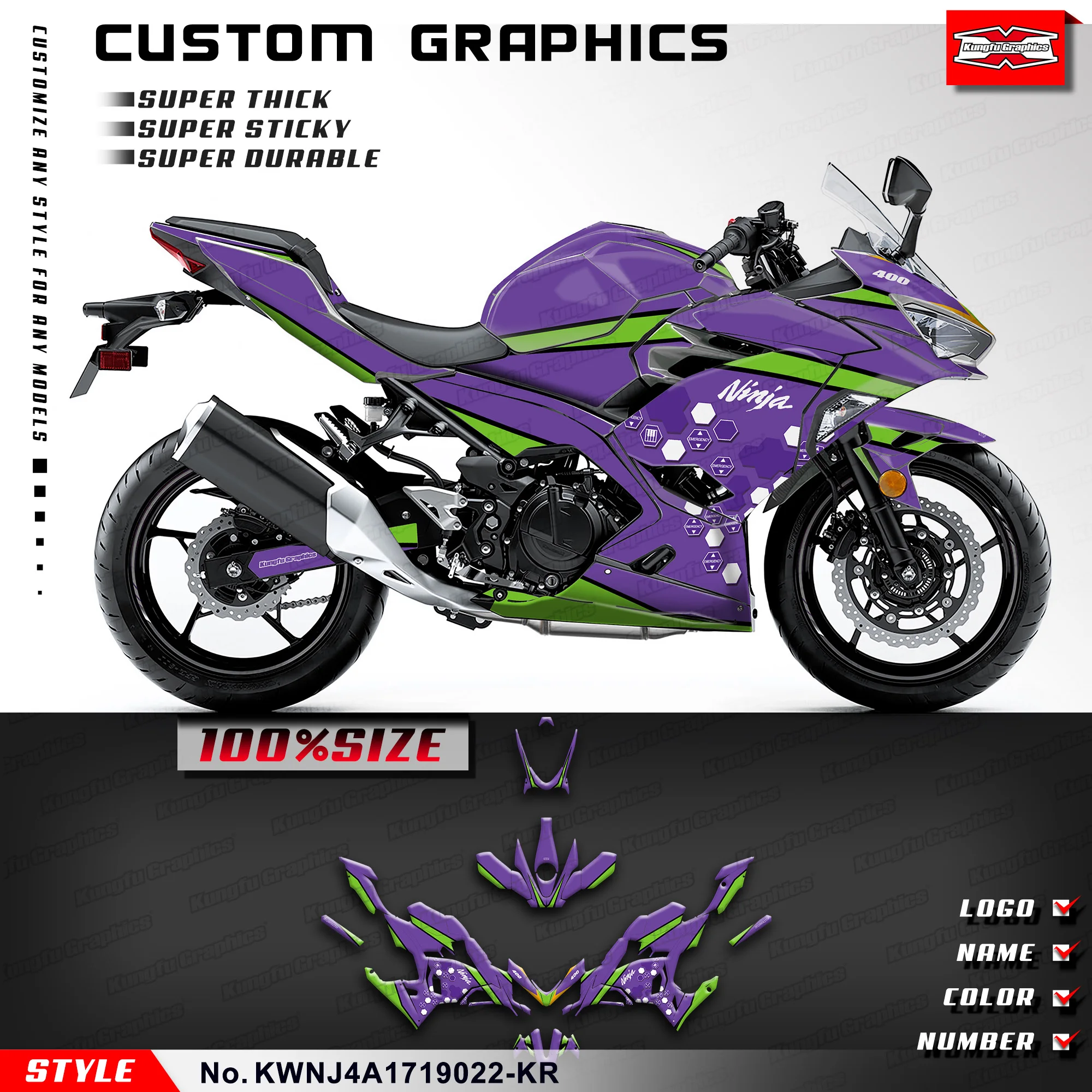 

Набор наклеек на заказ KUNGFU GRAPHICS для Kawasaki Ninja 250 400 ABS KRT 2017 2018 2019-2023, KWNJ4A1719022-KR