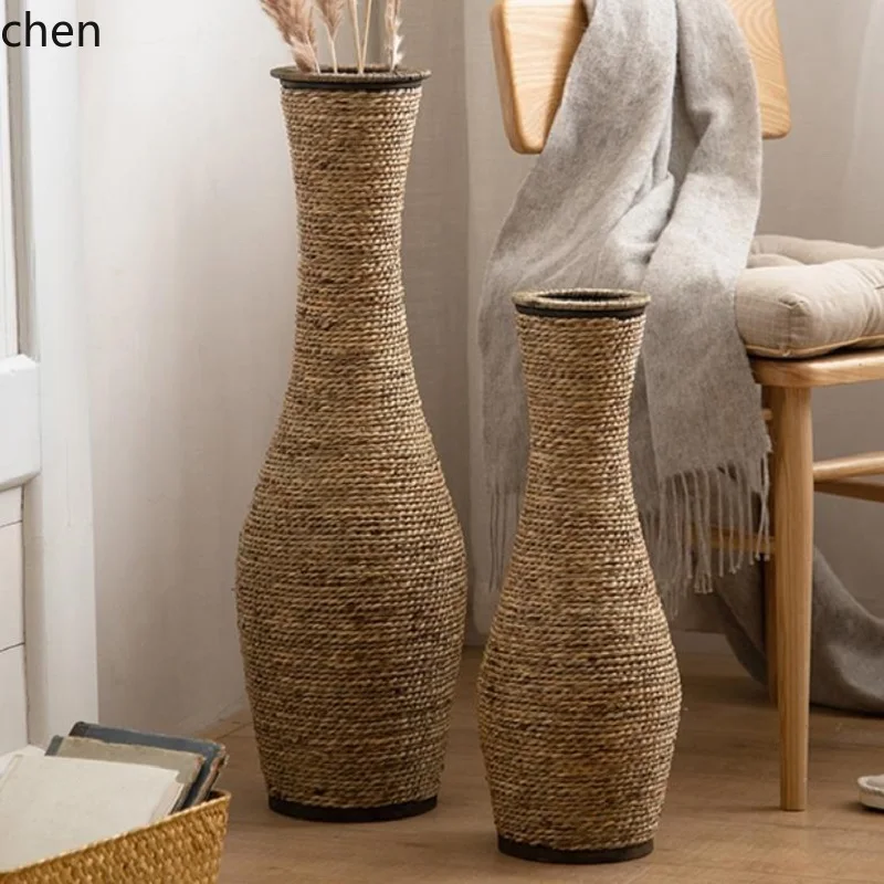 YFY  retro ins straw rope woven vase rattan bamboo woven PE rattan glass dried flower arranger flower basket living room