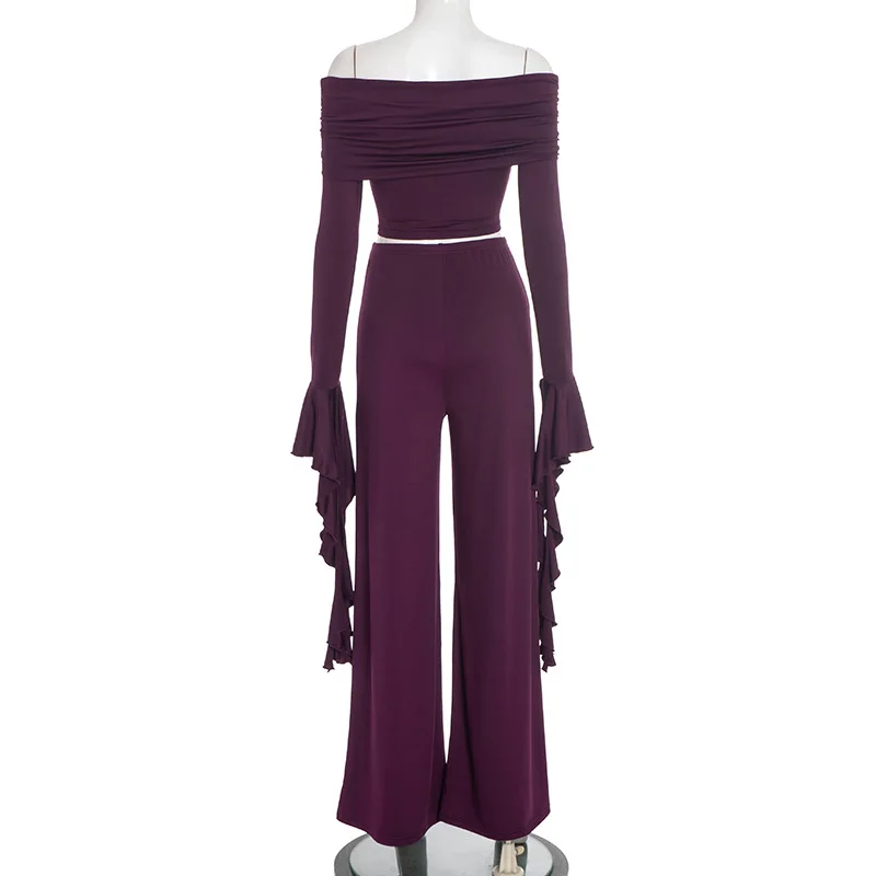 ชุดเซ็ตแฟชั่นผู้หญิง 2 ชิ้น สไตล์หรูหรา คอเฉียงผูกโบว์ แขนยาวทรงบานระบาย พร้อมกางเกงขายาวทรงกระบอก