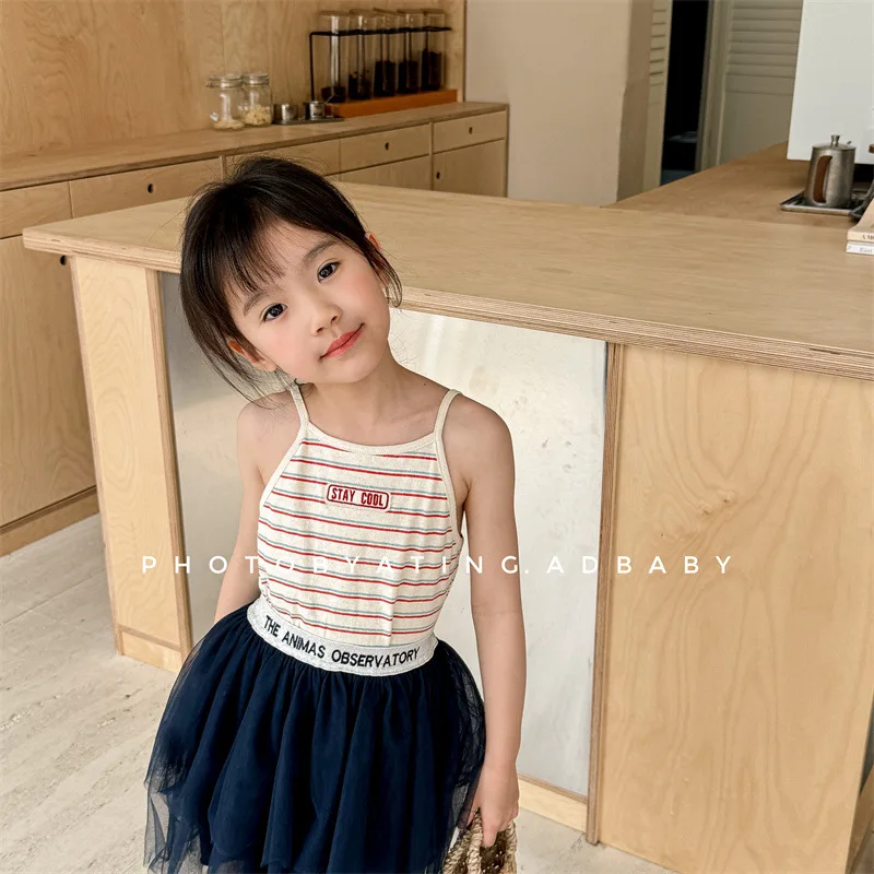 

2024 Summer New Children Sleeveless T Shirts Baby Girls Striped Embroidery Sling Vest Toddler Cotton Bottoming Tops Kids Clothes