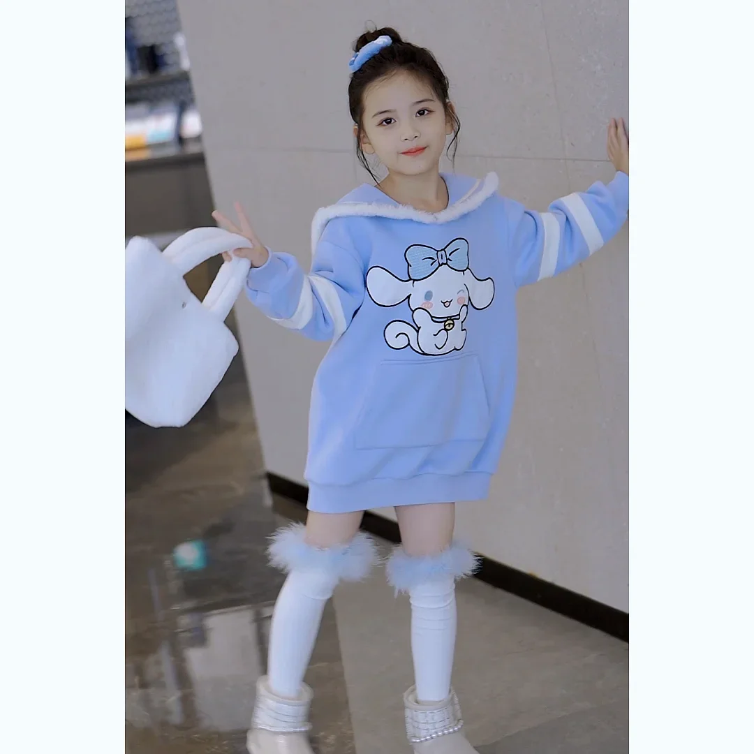 Sanrio Cinnamoroll Velvet Sweater Dress Autumn and Winter 2024 New Thickened Warm Children\'s Princess Dress Cute Girly Heart