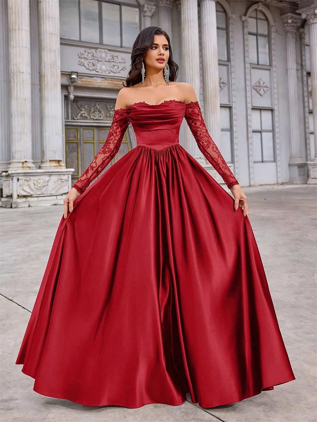 

Elegant Satin Evening Dresses With Lace Long Sleeve Ruffles Off the Shoulder Gorgeous Brides Engagement Dress Beach Party Gowns