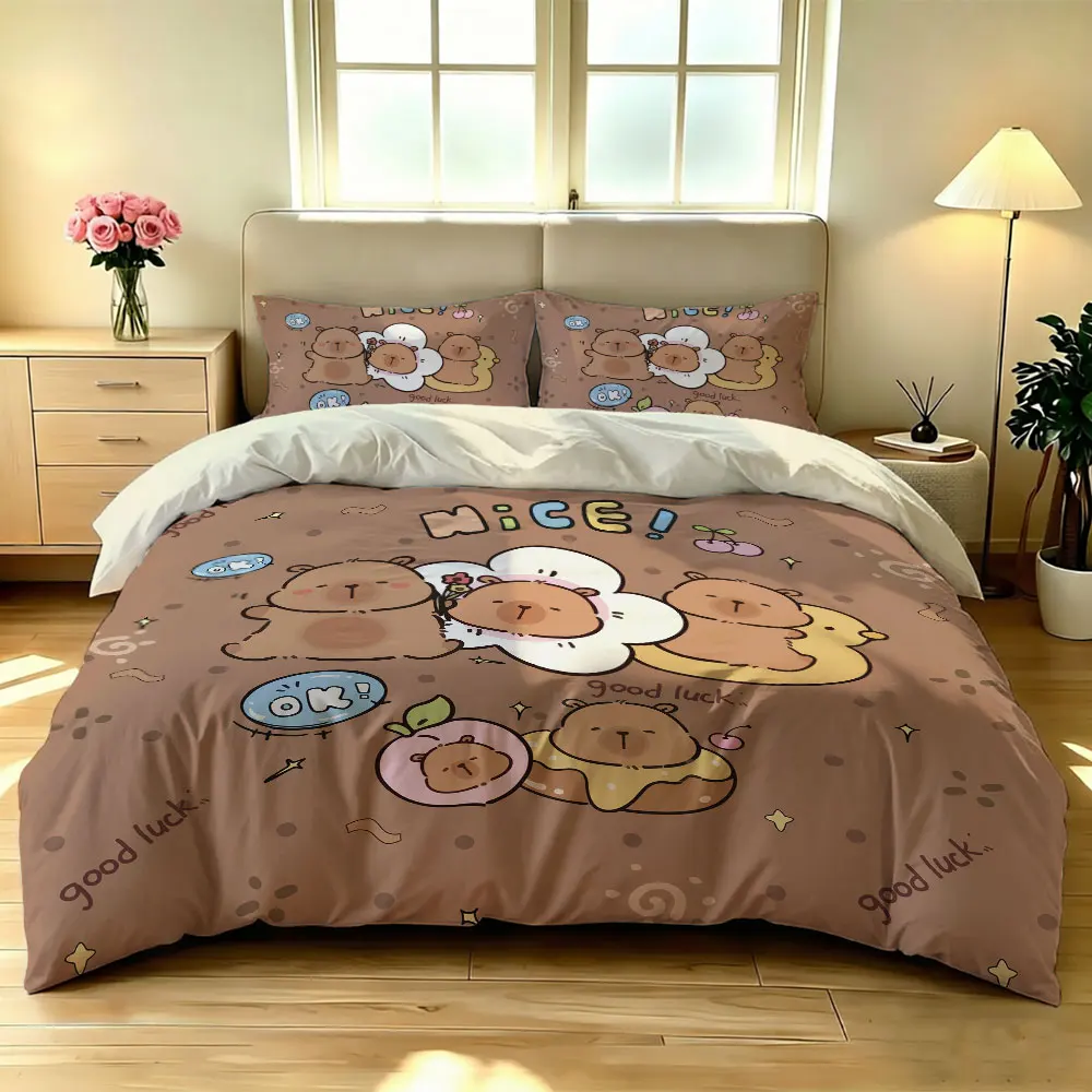 Capybara Duck Duvet Cover Set 3 Piece Cute Cartoon Animal Print Bedding Set with Pillowcases for Kids Bedroom