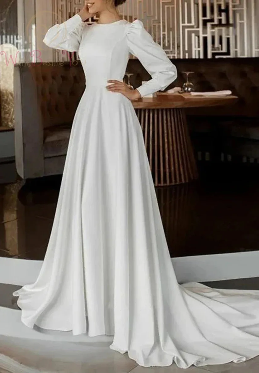 

Customzied Simple Classic A-Line Long Sleeve Scoop Pearls Wedding Dresses with Sweep Train Bridal Gowns Long Bride Dress