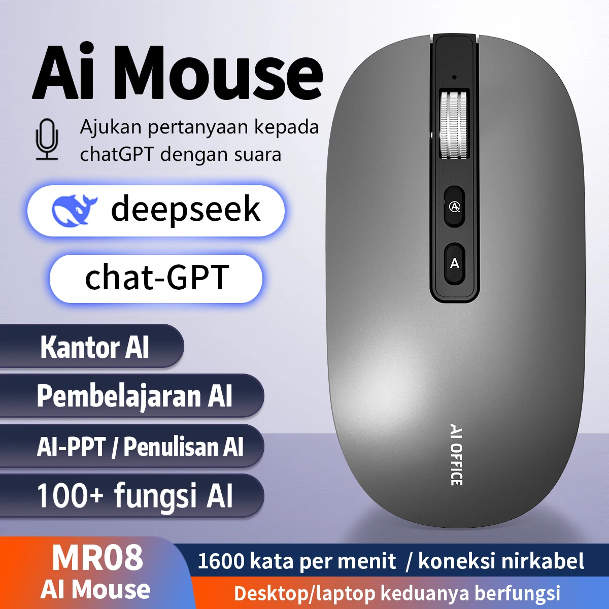 

AI Mouse Перезаряжаемая беспроводная мышь USB 2,4G/Bluetooth 1600 точек на дюйм с функцией AI PPT AI Deepseek Chat-GPT для ноутбука с ОС Windows