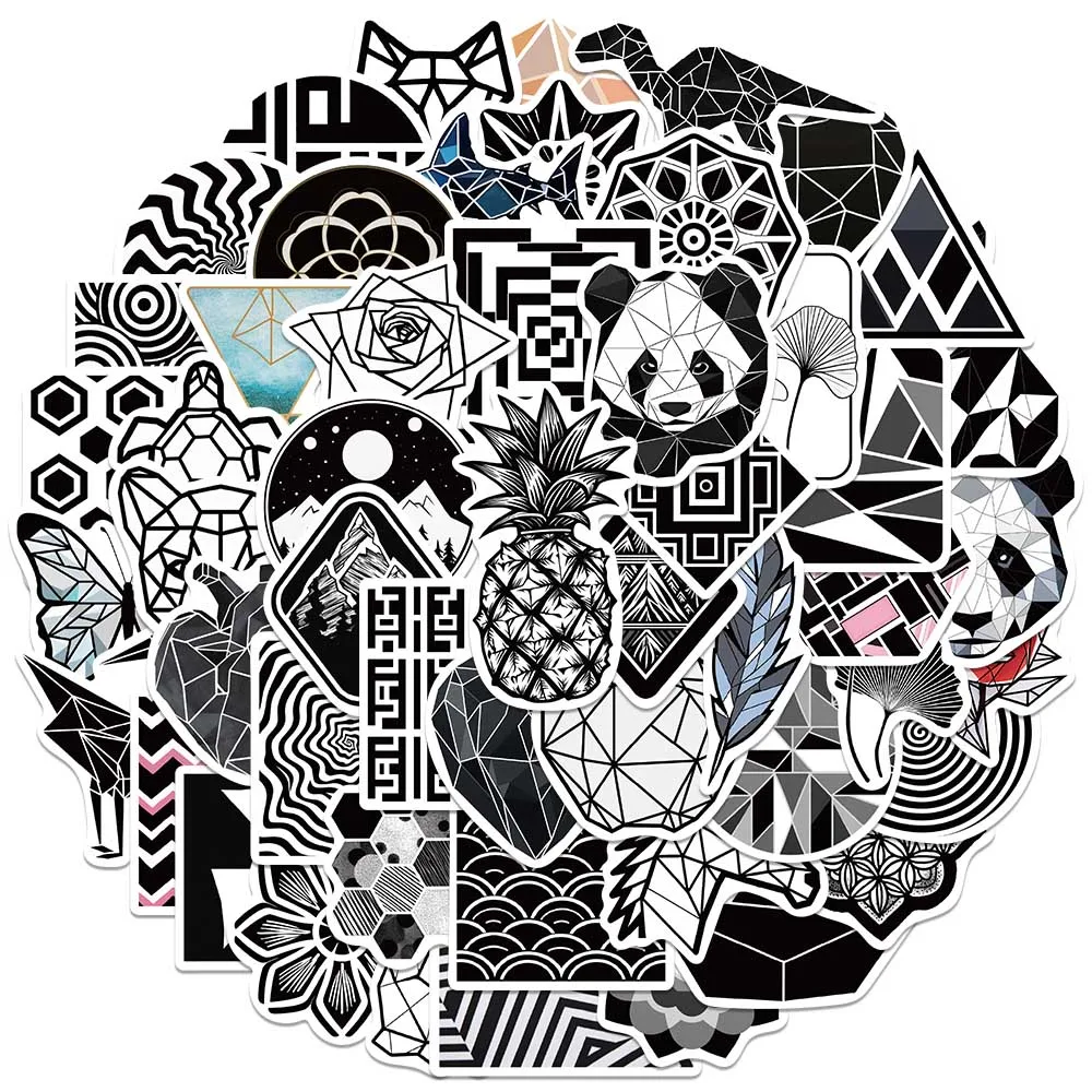 52pcs Aesthetic Black and White Geometric Patterns Graffiti Stickers For Laptop Water Bottle Luggage Notebook Vinyl Decals