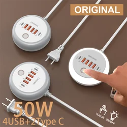 PD 50W Charger USB Type C 6 Ports QC3.0 Mobile Phone Wall Adapter With Touch LED Light For iPhone Samsung Xiaomi Travel Charger
