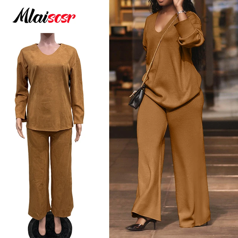 

Mlaiscsr Women's Casual Loose Suit Autumn Winter Long Sleeve Shirt Top with Wide Leg Pants Two-Piece Matching Set Streetwear