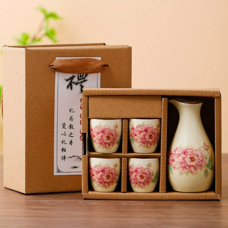 

Ceramics Japanese Style Sake Pot Cups Retro One Pot with Four Cups Liquor Cups Set Home Dining Bar Creative Drinkware Gifts New