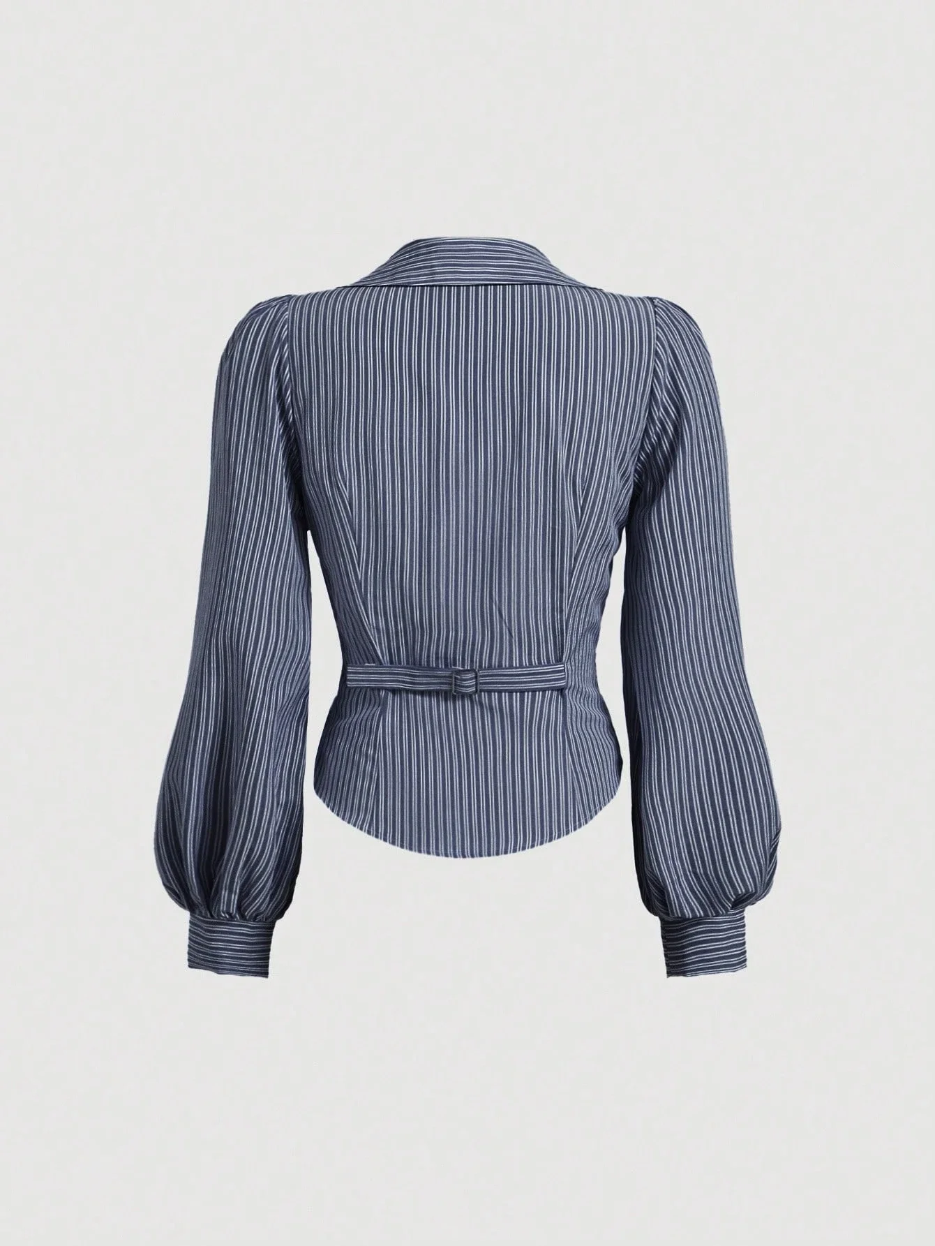 

Striped Shirt With Turn-Down Collar, Puff Sleeves And Waist Gather, Business Casual Women Blouse