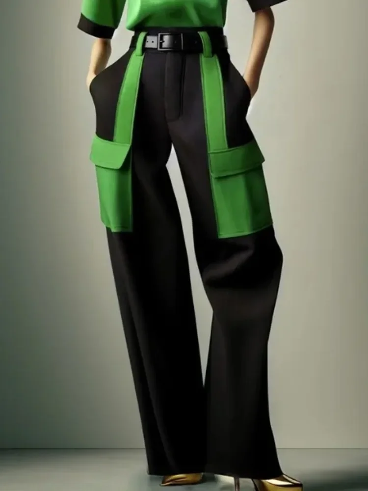 

Wide Leg Pants for Woman Pockets Bottoms Summer 2025 New Fashion Black Green No Belt Loose Cargo Pants Woman Trousers