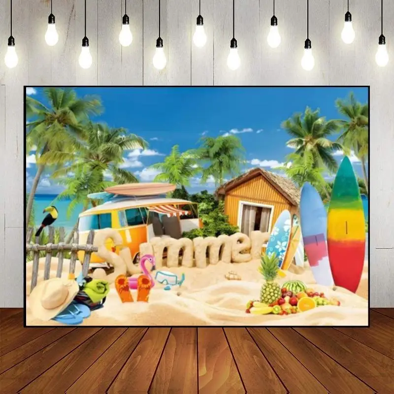 

Summer Hawaiian Pool Beach Tropical Surfing Photography Backdrops Background Banner Custom Birthday Backdrop Decoration Party