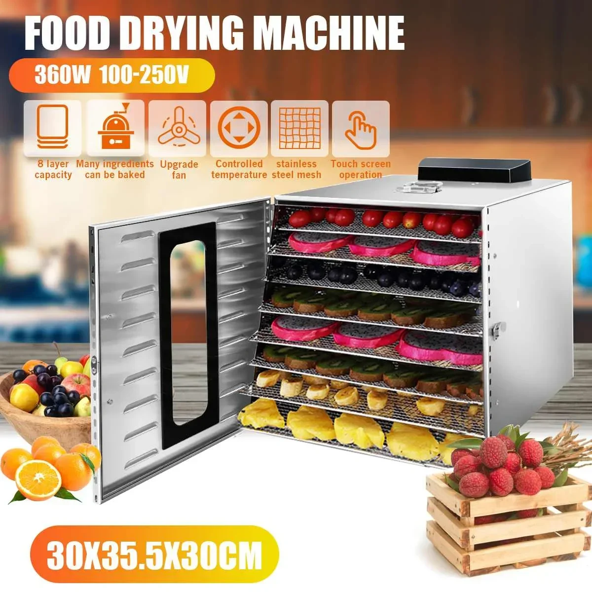 8-tray Food Dehydrator, Dried Fruits, Vegetables, Mango Flower Tea, Dried Meat, Food Dryer, Stainless Steel Kitchen Equipment.