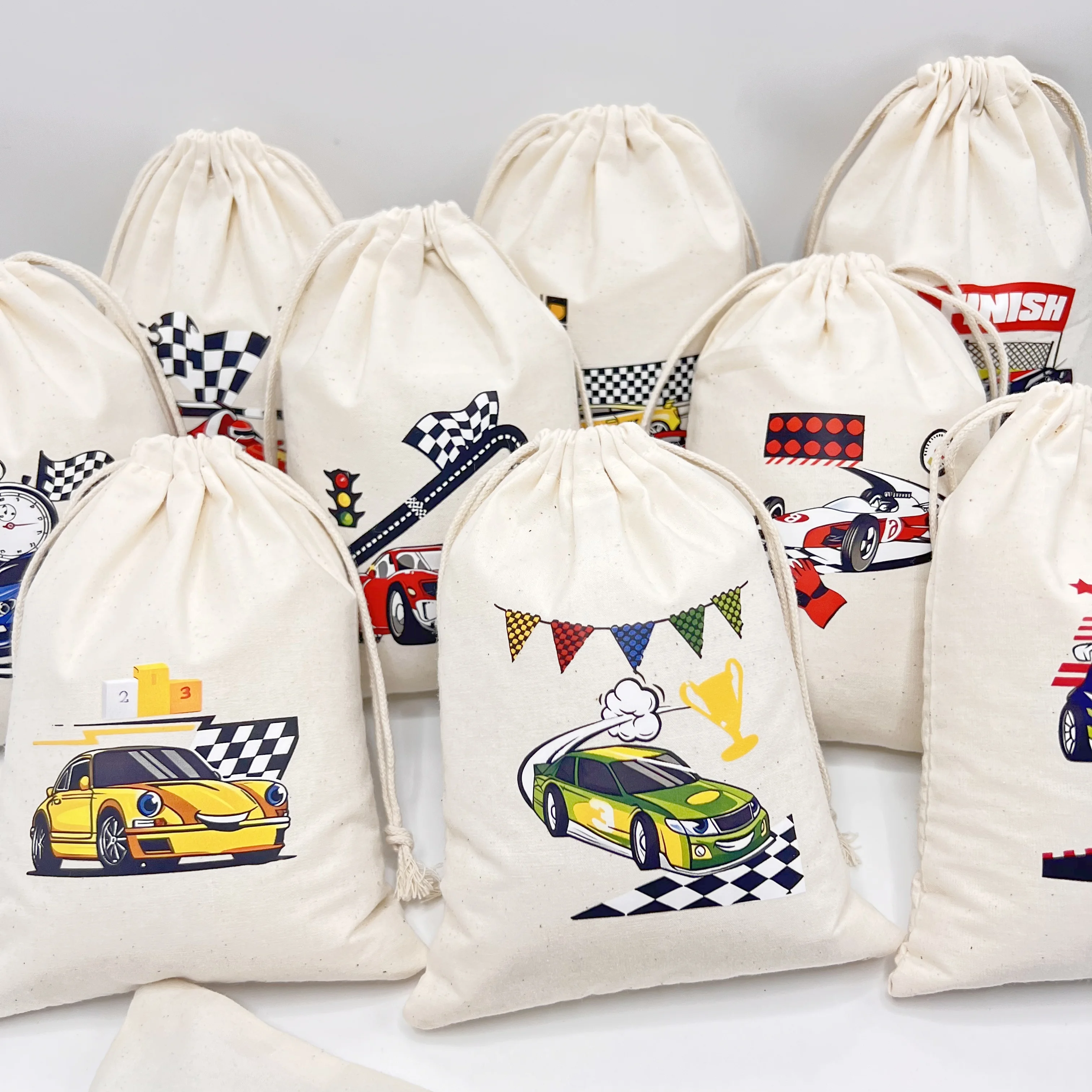 10pcs/lot Candy gift bags kid Boy racing Race Car theme Birthday party baby shower Dessert Table decoration Pure cotton