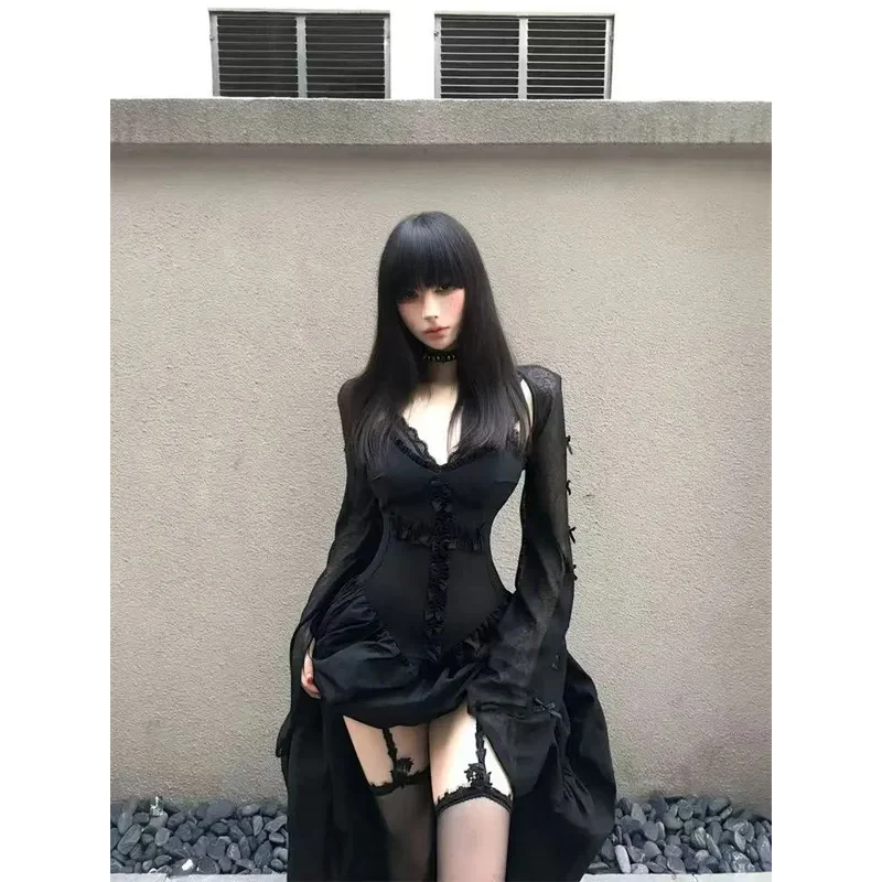 

Повседневная субкультура Harajuku Y2k, дизайн одежды, элегантное винтажное платье, костюмы, шикарная блузка, готический черный комплект из 2 предметов для женщин