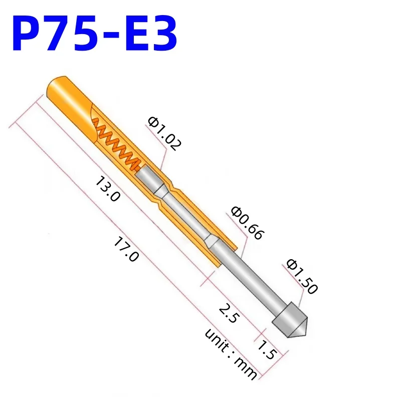 

20/100PCS P75-E3 Spring Test Probe Pogo Pin Test Pin Dia 1.02mm Conical Head Dia 1.50mm Length17mm P75-E Test Tool For PCB Test
