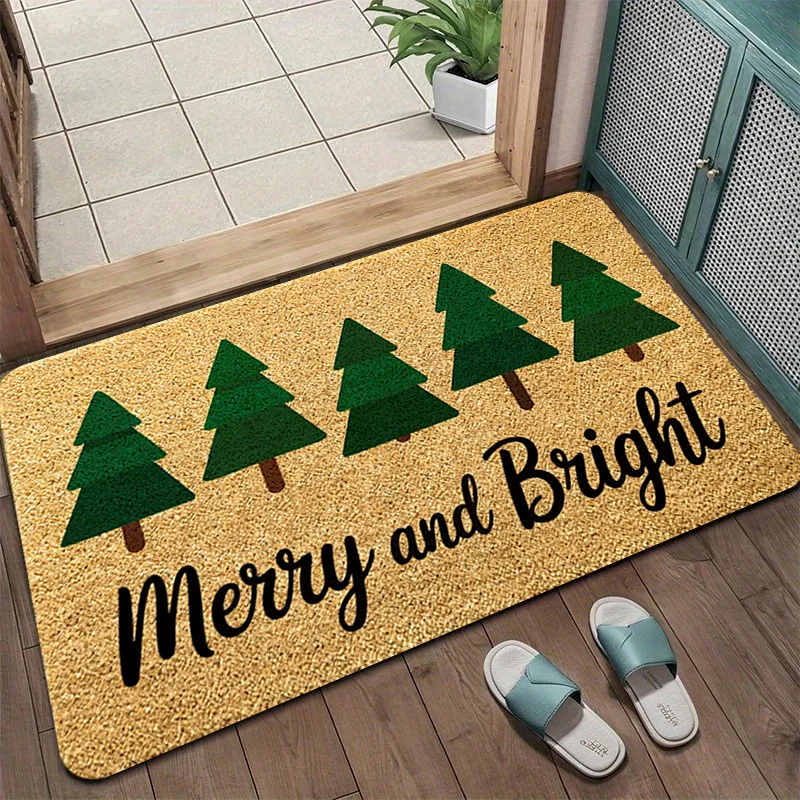 VIKAMA Merry Christmas Letter Printing Carpet Christmas Tree Reindeer Carpet Non Slip Holiday Entrance Carpet Home Decoration