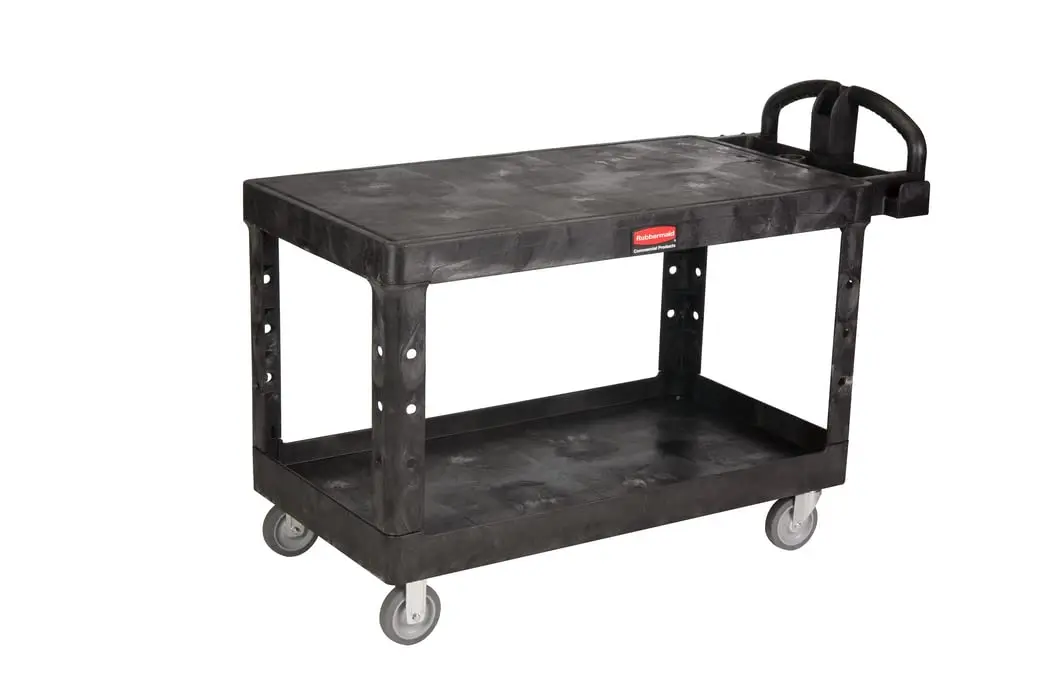 2-Shelf Utility/Service Cart, Large, Black, Flat Shelves, Ergonomic Handle, For Warehouse/Garage/Cleaning/Manufacturing