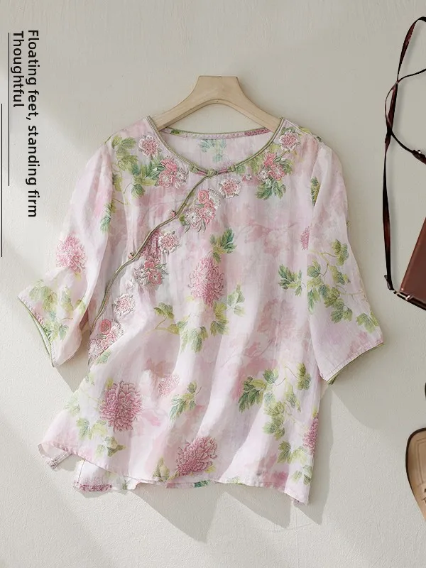 

Ретро-рубашка в корейском и японском стиле с тяжелой вышивкой, жемчужными пуговицами, асимметричным кроем, окрашенная по особой технологии, свободного кроя, дышащая, повседневная