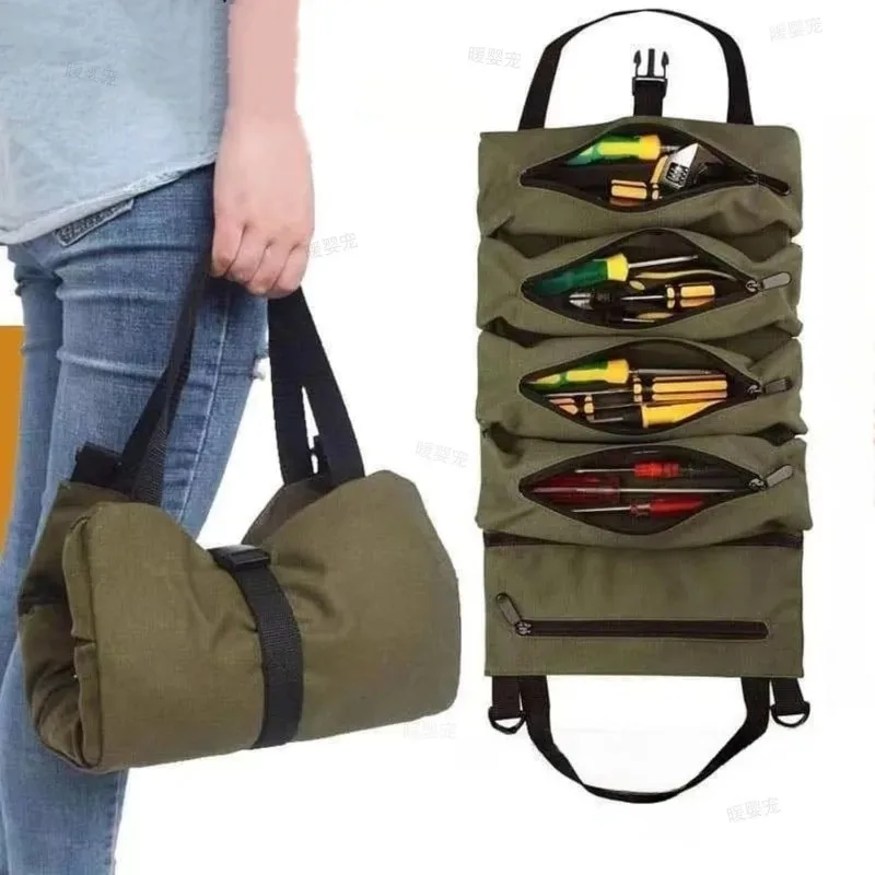 Tool Roll Organizer Pouch Multi-Purpose Roll Up Tool Bag Multi-Pocket with 5 Zipper Tool Pockets Car First Aid Kit