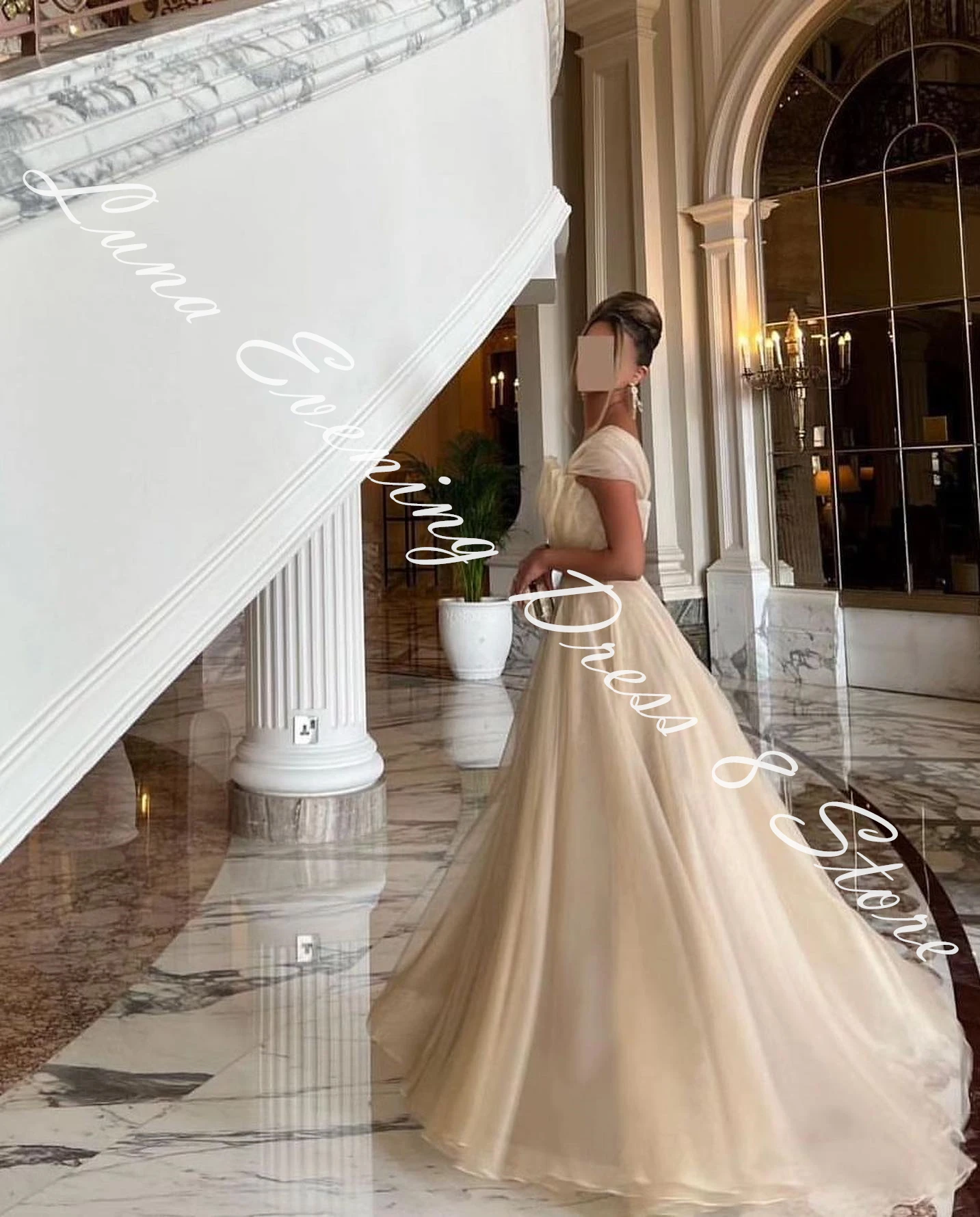 Customized Organza A-Line One Shoulder Evening Dress Scalloped Floor Length Panel Train Photo Color Bespoke Occasion Gowns