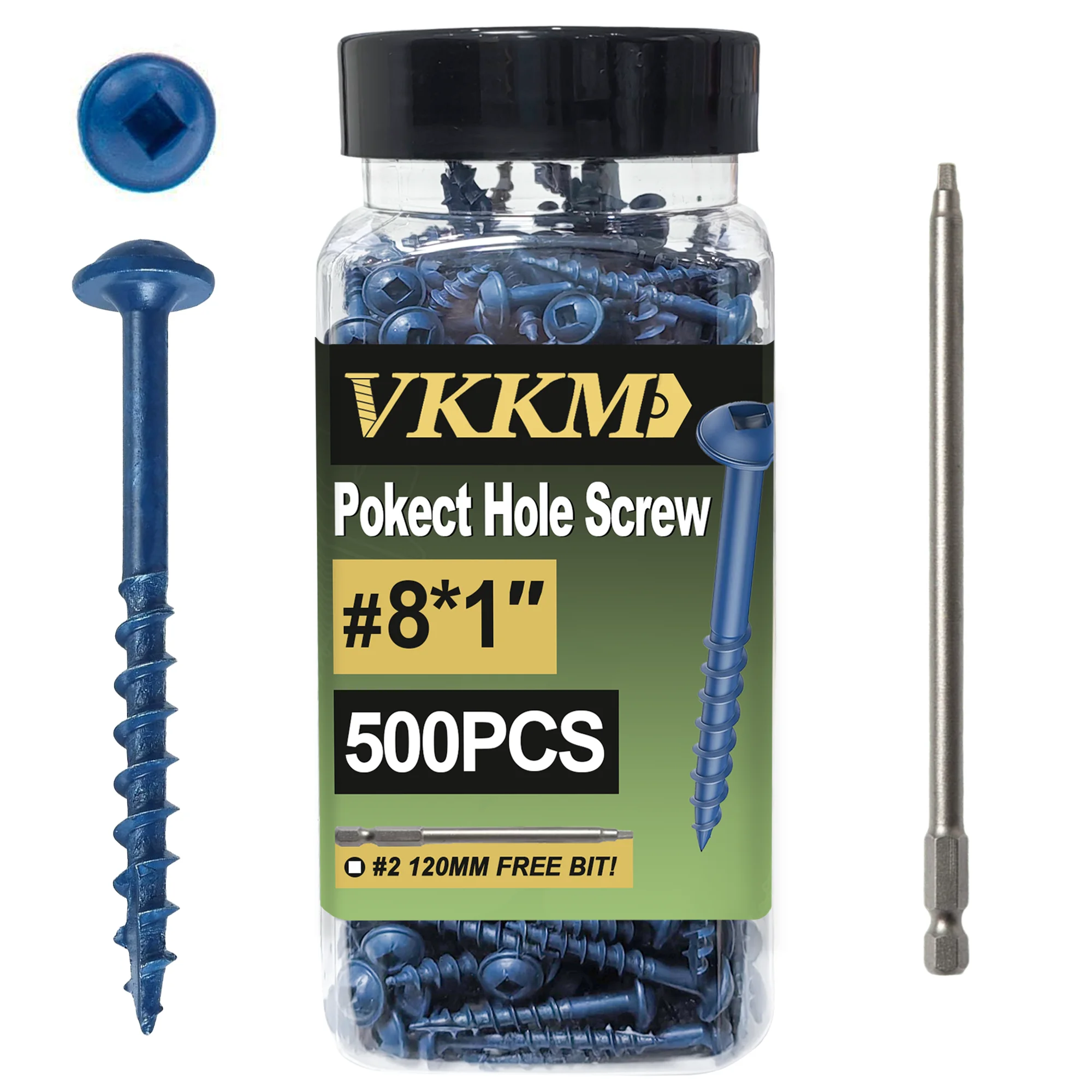 VKKM 300-500 Pcs Pocket Hole Screws 8-1 in,   blue coated pocket hole screws, coarse thread, washer head with square drive