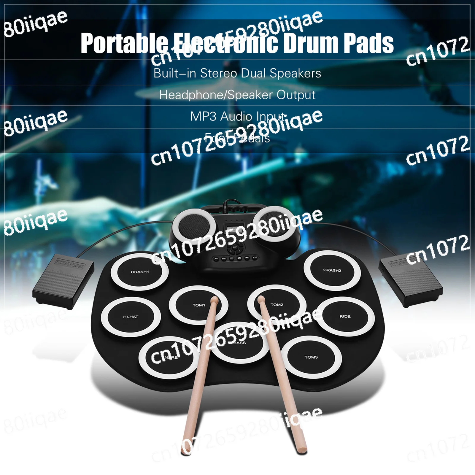 Portable Roll Up Electronic Drum Pad Silicon Digital Drum with Built in Speakers Foot Pedals Headphone Monitoring Colorful Light