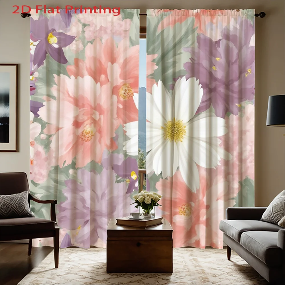 2pcs Floral Print Curtains - Soft Pastel Purple, Pink, White & Green Floral Design, Semi-Transparent Polyester Fabric, Rod Pocke