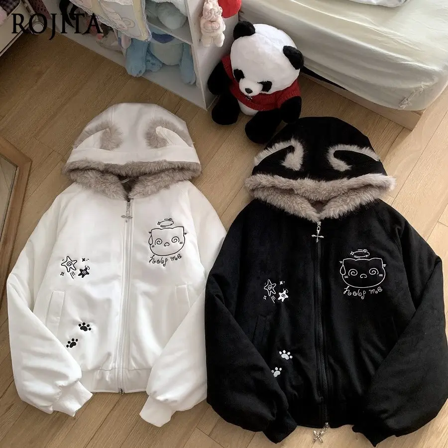 Japanese Subculture Cute Faux Fur Collar Thickened Cotton Padded Jacket Cat Ears Kitten Embroidery Cotton Coat for Women
