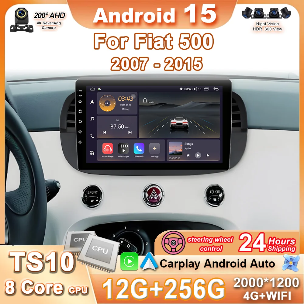 

9'' Android 15 Car Radio Stereo For Fiat 500 2007 - 2015 Auto GPS Navigation Steering Wheel Control Multimedia Carplay 4G+WIFI