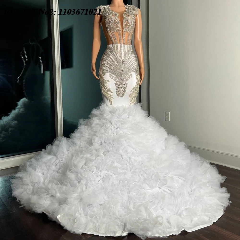 EVLAST Customized White Crystal Beading Ruffles Prom Dress Black Girls Mermaid Lady Dress For Special Occasion Party Gown E2P29