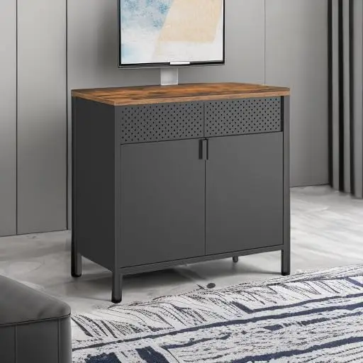 Storage Sideboard, Buffet Table with Adjustable Shelves, Floor Storage Cupboard, Steel Frame, Rustic Brown and Black UL