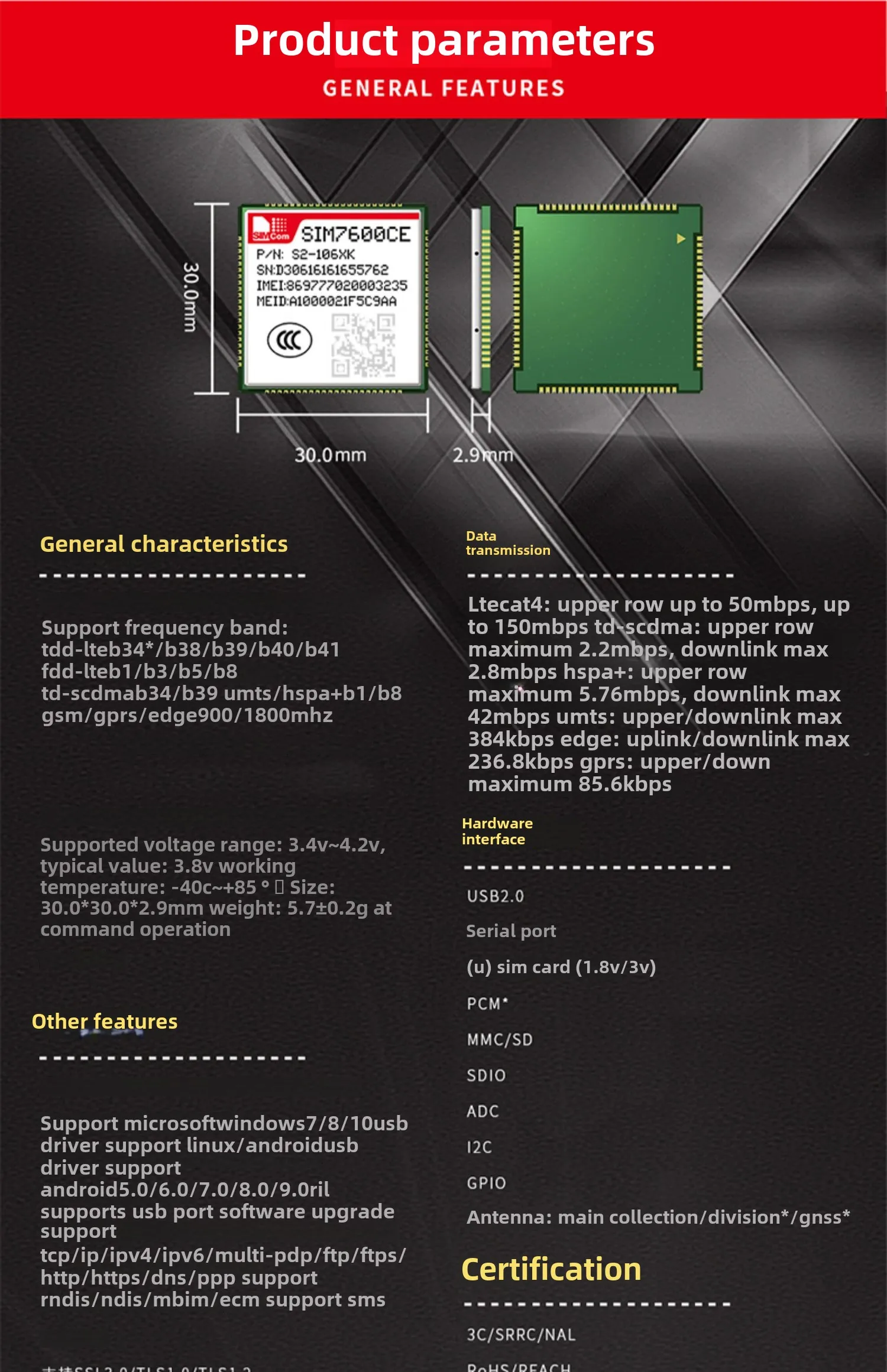 Simcom 4G full Netcom modulo di comunicazione wireless a 5 modalità SIM7600CE-T con posizionamento GPS PCM