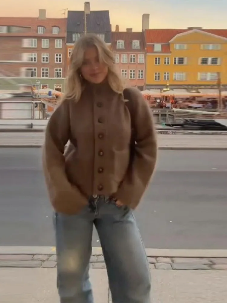 سترة صوفية ممزوجة غير رسمية لخريف وشتاء بياقة دائرية وأكمام طويلة معطف جيب واحد الصدر 2025 ملابس سيدة جديدة متينة عالية الشارع