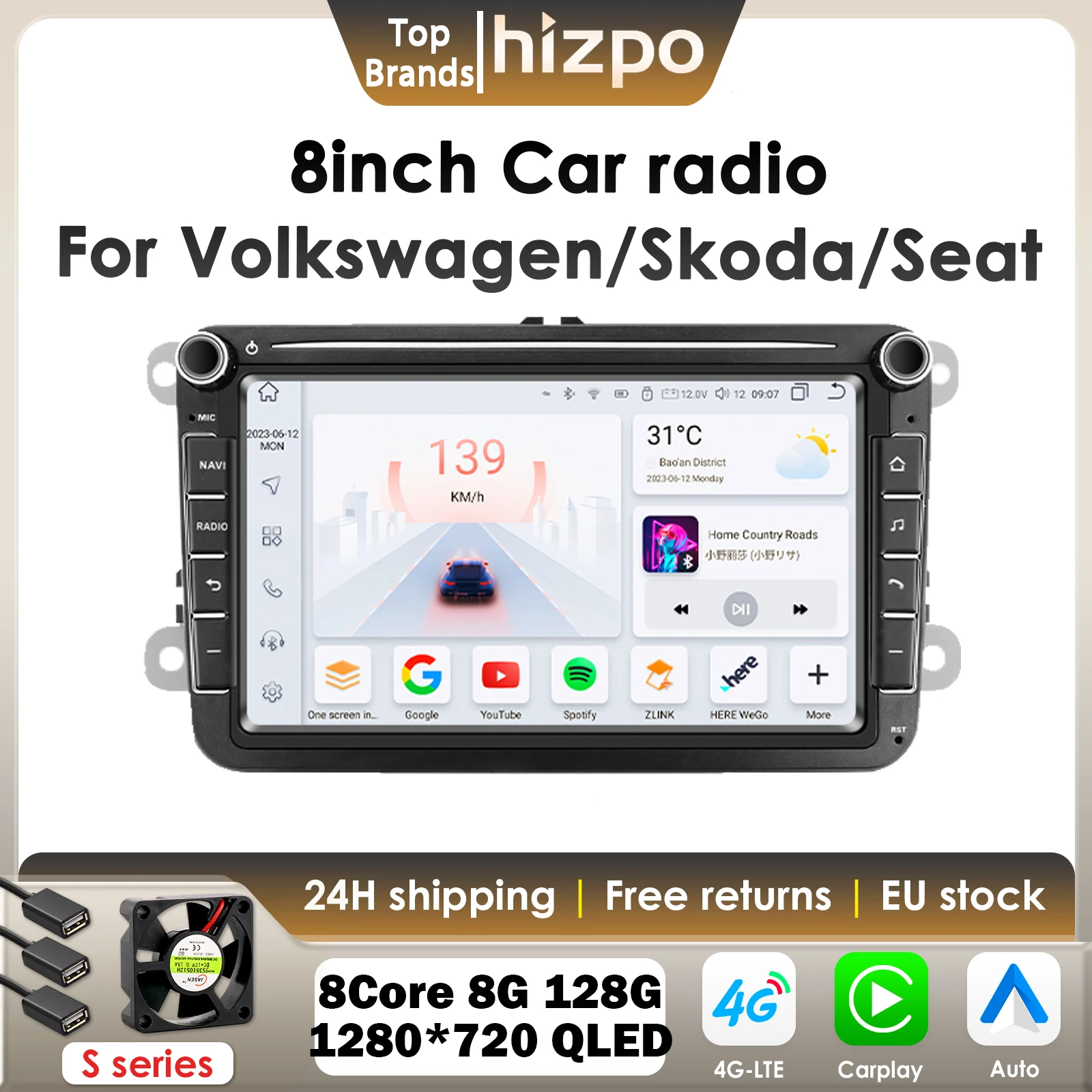 Hizpo Carplay Android Auto autoradio pour VW Caddy Polo Golf 5 6 Plus Passat B6 Jetta Tiguan Touran Sharan Scirocco 2Din 4G GPS