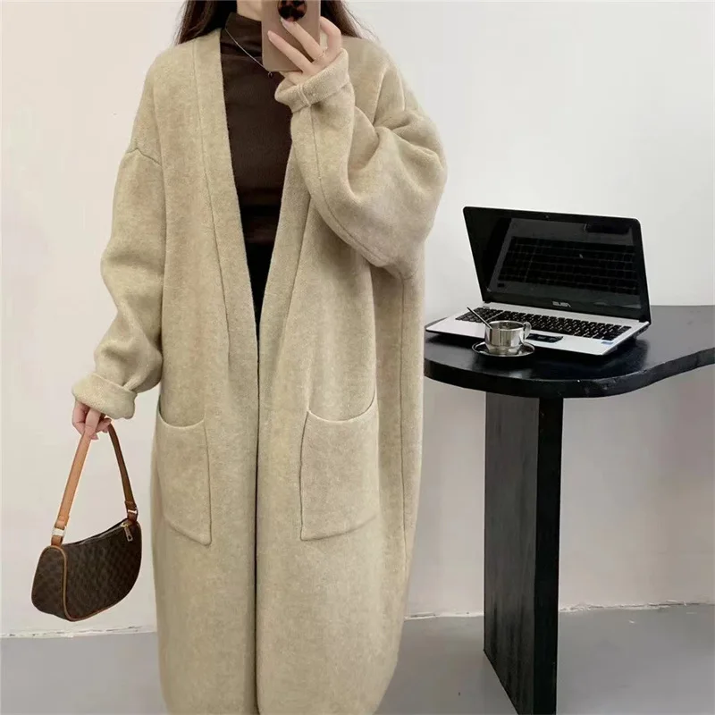 

Women Solid Color Loose Thick Warm Sweater Pocket Ladies Spring Autumn V Neck Knitted Coat Female Casual Tops E2679