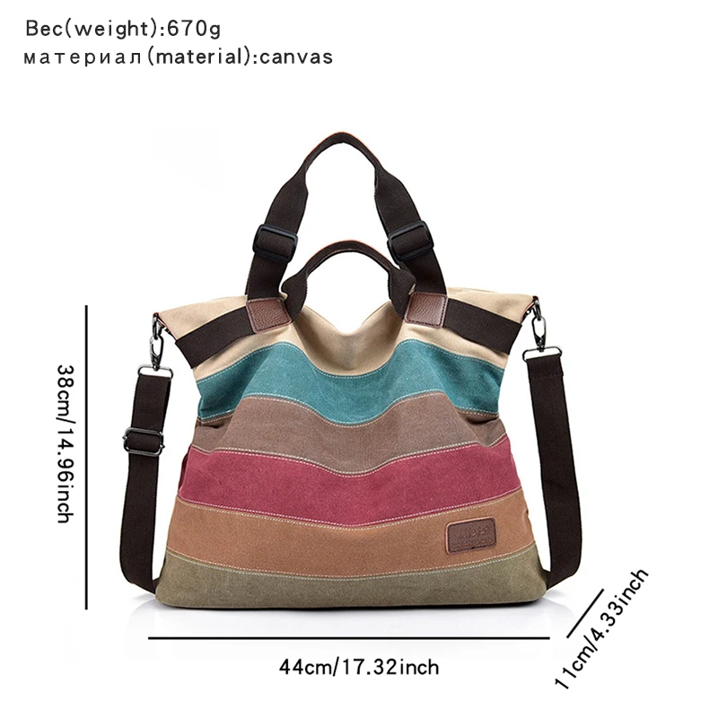 Hot Sell Women\'s Large Capacity Canvas Handbags Fashion Female Shoulder Bag New Rainbow Stripes Patchwork Crossbody Bag